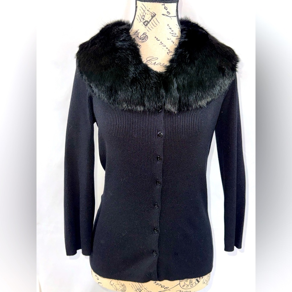 EUC: White House Black Market FUN Faux Fur Black 3/4 Sleeve Silk Cardigan